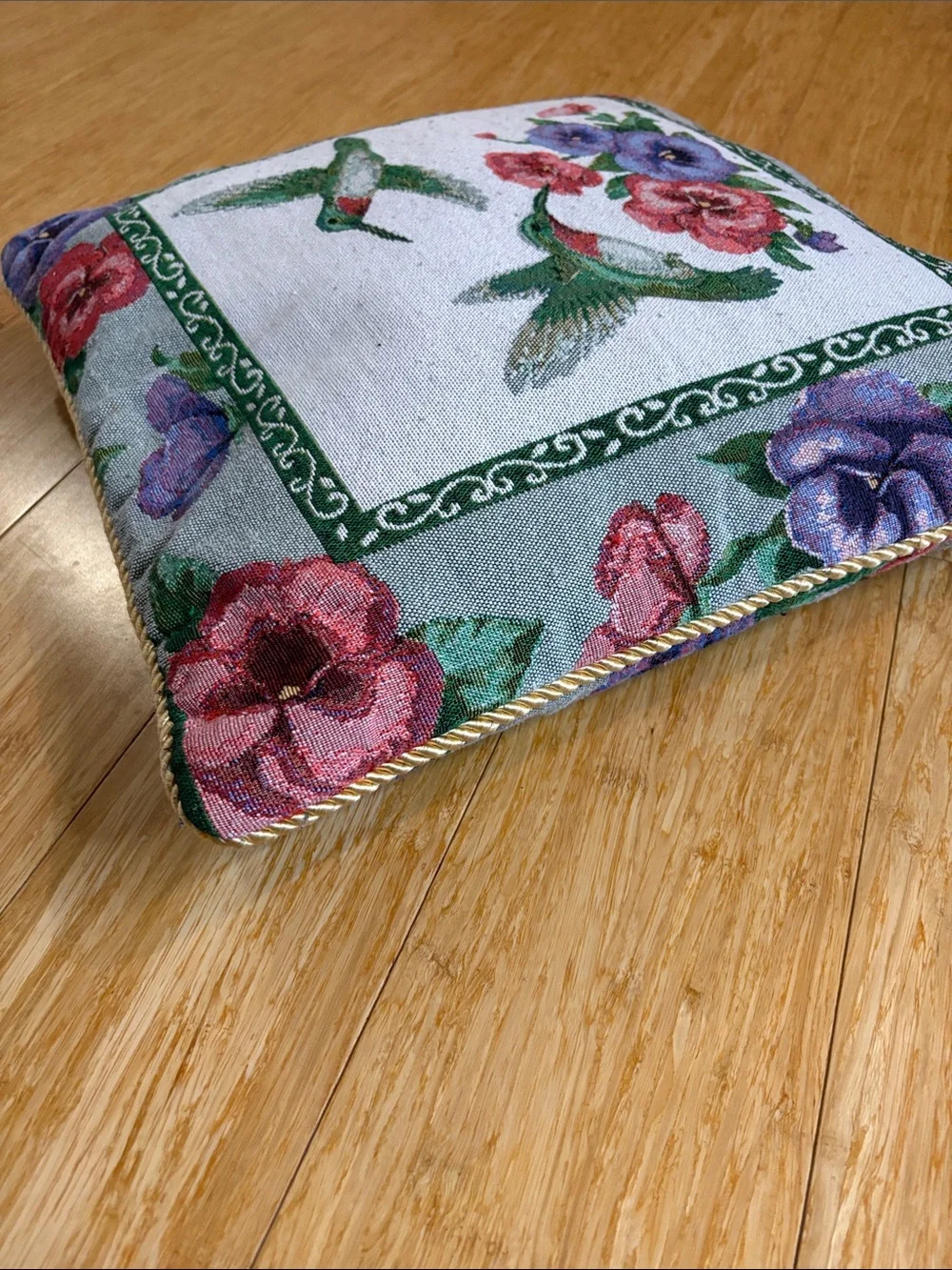 Vintage Hummingbird Tapestry Throw Pillow Floral Border 18x18 cottagecore